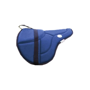 Blaues gepolstertes Haustiersattel mit einem schwarzen Riemen, entworfen für Komfort und Unterstützung, mit einem kleinen weißen Etikett.