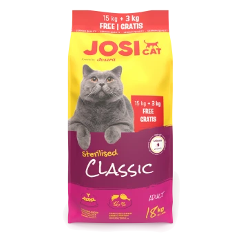 JosiCat Sterilised Classic Katzenfutterbeutel für erwachsene Katzen, 18 kg, mit grauem Katzenbild und Text „15 kg + 3 kg gratis | Gratis.“