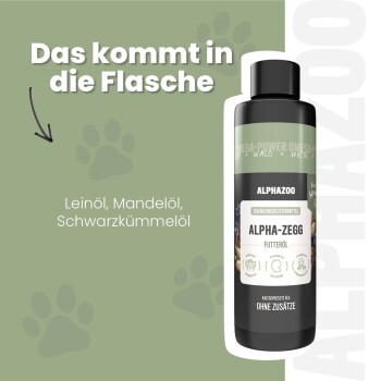 Flasche Alphazoo Alpha-Zegg Haustieröl mit den auf Deutsch aufgeführten Inhaltsstoffen Leinsamen, Mandel- und Schwarzkümmelöl.