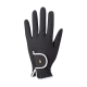 Schwarze Haustierpflegehandschuh mit einer strukturierten Oberfläche, mit einem weißen Rand und einem kleinen Logo im Handgelenkbereich.