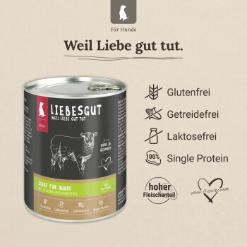 Dose LIEBESGUT Hundefutter (Schaf) mit Schaf-Illustration, Slogan "Weil Liebe gut tut." und Icons: Glutenfrei, Getreidefrei, Laktosefrei, Single-Protein.