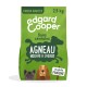 Sac vert de nourriture pour chiens Edgard Cooper pour adultes, 2,5 kg, étiqueté "Sans céréales" et "Agneau nourri à l'herbe," avec des illustrations de chiens.
