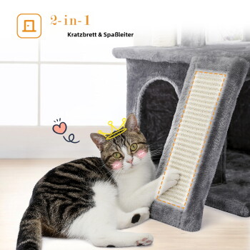 Katze spielt auf einem grauen Kratzbaum mit Sisal-Kratzpfosten, Text "Natural", "100% Premium Natural Sisal" und "Soft Plush Fabric".