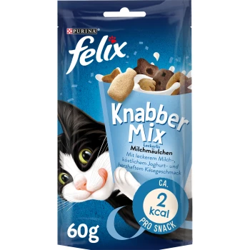 Felix Knabber Mix Katzenleckerlis Verpackung mit einer verspielten schwarz-weißen Katze, mit Text, der "2 kcal pro Snack" und "60g" hervorhebt.