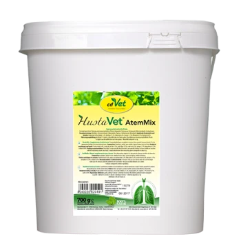Weißer Plastik-Eimer des cdVet HuStoVet AtemMix Ergänzungsfuttermittels mit gelb-grünem Etikett, Produktname und '700 g'.
