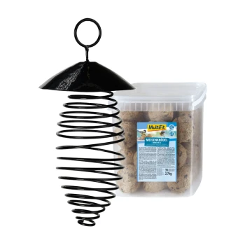 Schwarzer Metallvogelhäuschen mit spiralförmigem Design neben einem klaren Behälter mit MultiFit Meisenknödel Vogelfutter, 2,7 kg.