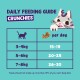 Illustrated cat with 'Daily Feeding Guide' for CRUNCHIES: 3-4kg 15-19, 5-6kg 20-25, 7-8kg 26-30 per day; treats ≤10% diet.