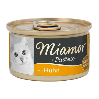 Pastete Huhn 12x85 g Eine Dose Katzenfutter mit dem Gesicht einer weißen Katze, beschriftet mit "Miamor Pastete mit Huhn", mit "NEU: zarter", was auf eine neue, weichere Textur hinweist.