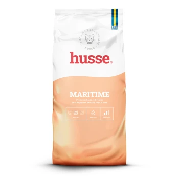 Husse-Katzenfutterbeutel mit Aufschrift "Kroketter Lax", Cartoon-Katzenkopf, rotem Untergrund, "Premium" und dem Text "Very tasty complete feed for cats".