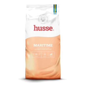 Husse-Katzenfutterbeutel mit Aufschrift "Kroketter Lax", Cartoon-Katzenkopf, rotem Untergrund, "Premium" und dem Text "Very tasty complete feed for cats".