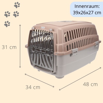 Beige-grauer Kunststoff-Tierträger mit durchsichtiger Fronttür, Lüftungsschlitzen und sichtbarem Text 'Innenraum: 39x26x27 cm'.