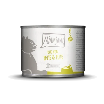Dose mit Katzenfutter, die eine Silhouette einer Katze zeigt, mit der Aufschrift 'Mjamjam Duo von Ente & Pute', mit einem symbol für getreidefrei.