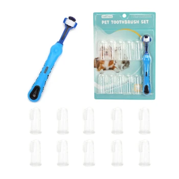 Blaues Haustier-Zahnbürstenset mit einer doppelseitigen Bürste und zehn Fingerbürsten, verpackt mit Bildern eines Hundes und eines Kaninchens.
