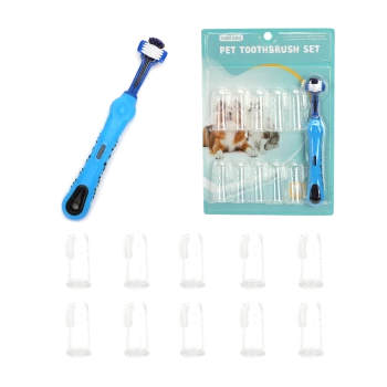 Blaues Haustier-Zahnbürstenset mit einer doppelseitigen Bürste und zehn Fingerbürsten, verpackt mit Bildern eines Hundes und eines Kaninchens.