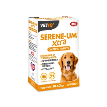 Packaging for VETIQ Serene-UM Xtra calming tablets for dogs, featuring a golden retriever image, with text on benefits and dosage.