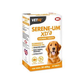 Packaging for VETIQ Serene-UM Xtra calming tablets for dogs, featuring a golden retriever image, with text on benefits and dosage.