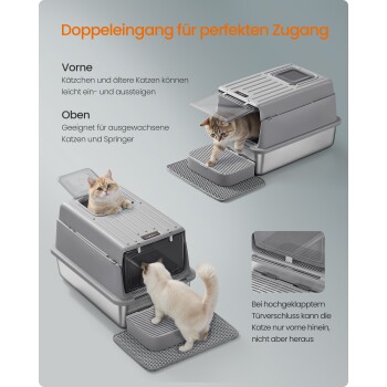 Graue Katzenstreu-Kiste mit zwei Eingängen, zeigt Katzen beim Ein- und Ausgehen, mit deutschem Text, der die Funktionen beschreibt.