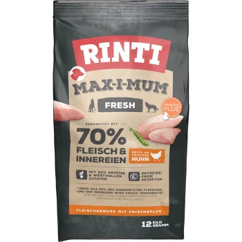 Rinti Maxi-Mum Fresh Hundefutterbeutel, mit 70% Fleisch und Innereien, 30% Gemüse, getreidefreier Rezeptur und frischem Huhn. 12 kg.