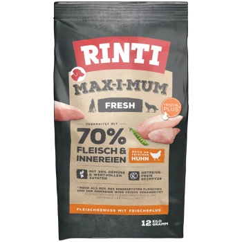 Rinti Maxi-Mum Fresh Hundefutterbeutel, mit 70% Fleisch und Innereien, 30% Gemüse, getreidefreier Rezeptur und frischem Huhn. 12 kg.