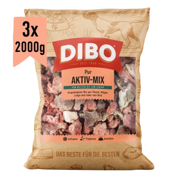 DIBO Aktiv-Mix Hundefutterverpackung, 2000 g, mit gefrorenem Fleisch, Mägen, Lungen und Leber von Rind, geeignet für junge und aktive Hunde.