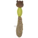 A plush dog toy featuring a brown bear head, a green rubber middle with textured bumps, and a fluffy beige tail.