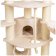 Ein beiger Katzenbaum mit mehreren Ebenen, Kratzpfosten, einem gemütlichen Versteck und einem hängenden Seilspielzeug für verspielte Katzen.