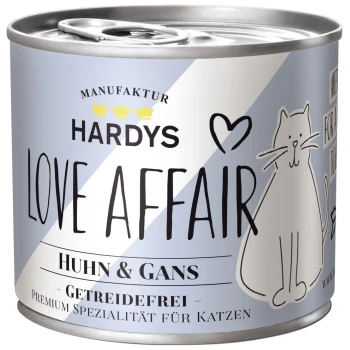 LOVE AFFAIR 6x200g Huhn und Gans Dose mit Hardys Love Affair Katzenfutter, mit einem hellblauen Design, mit dem Text 'Huhn & Gans' und 'Getreidefrei'.