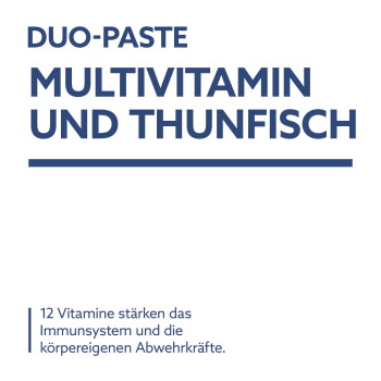 Aufschrift: DUO-PASTE MULTIVITAMIN UND THUNFISCH; darunter: '12 Vitamine stärken das Immunsystem und die körpereigenen Abwehrkräfte.'