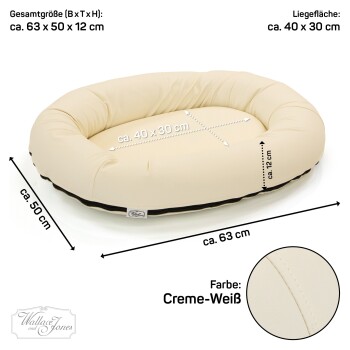 Cremefarbenes Haustierbett mit den Abmessungen 63x50x12 cm, mit einem Schlafbereich von 40x30 cm, beschriftet mit "Creme-Weiß."