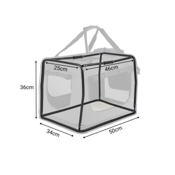 Schwarz gerahmter Netz-Haustier-Reisekäfig mit Tragegurten, Maßangaben: 50 cm, 34 cm, 36 cm, 46 cm, 25 cm.