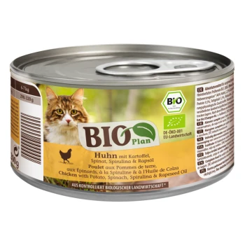 Dosenkatzenfutter mit der Aufschrift 'BIO Plan', das Hühnchen mit Kartoffeln, Spinat, Spirulina und Rapsöl enthält; 200 g.