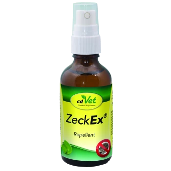 Braune Sprühflasche mit der Aufschrift "cdVet ZeckEx® Repellent" in grün-gelbem Design, mit einem Durchgestrichen-Symbol für Schädlinge.