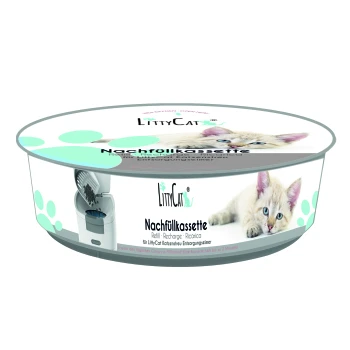 LittyCat navulcartridge verpakking met een speelse kitten, gelabeld "Nachfüllkassette" met gebruiksinstructies.