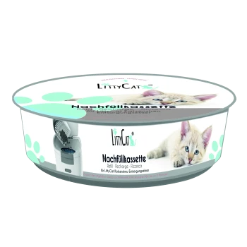 LittyCat Nachfüllkassette Verpackung mit einem verspielten Kätzchen, beschriftet mit 'Nachfüllkassette' und Gebrauchsanweisung.