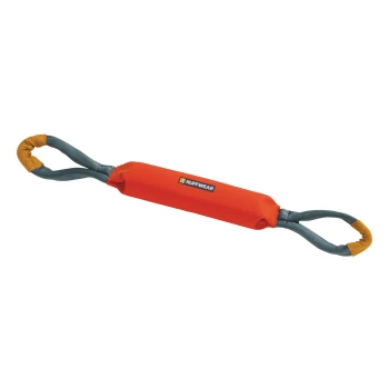 Pacific Loop™ Spielzeug Ein leuchtend orangefarbenes Hundespielzeug mit grauen und gelben Griffen, mit dem Logo "RUFFWEAR" in der Mitte.