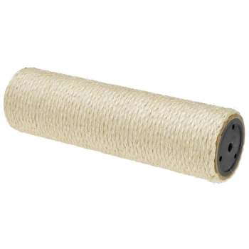 Naturalny rolka do drapania z sizalu, cylindryczny kształt, beżowy kolor, z czapeczką końcową z czarnego plastiku.