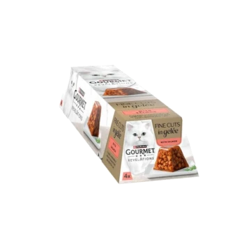 Packaging of Purina Gourmet Revelations cat food, featuring fine cuts in gelée with salmon, showing a white cat and product details.