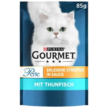Verpackung von Purina Gourmet Katzenfutter mit einer weißen Katze, beschriftet mit 'Perle Erlesene Streifen in Sauce mit Thunfisch,' 85g.