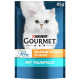 Opakowanie karmy dla kotów Purina Gourmet z białym kotem, oznaczone "Perle Erlesene Streifen in Sauce mit Thunfisch," 85g.