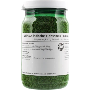 Grünes Glas mit VITANA indischen Flohsamen für Hunde, beschriftet mit Anwendungshinweisen und Nährwertinformationen auf Deutsch und Französisch.