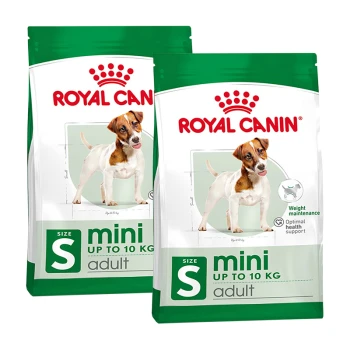 Zwei Beutel Royal Canin Mini Adult Hundefutter, mit einem kleinen Hund auf der Verpackung, beschriftet mit "Gewichtserhaltung" und "Optimale Gesundheitsunterstützung."