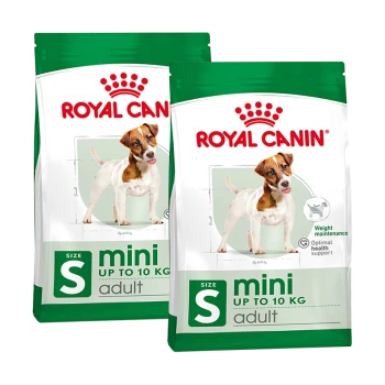 Zwei Beutel Royal Canin Mini Adult Hundefutter, mit einem kleinen Hund auf der Verpackung, beschriftet mit "Gewichtserhaltung" und "Optimale Gesundheitsunterstützung."