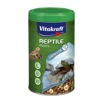 Vitakraft Reptilienpellets-Behälter, mit einem grünen Design und Bildern von einer Eidechse und einer Schildkröte, beschriftet als "Omnivor."