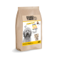 Papiersack DOGS'n TIGER Hundefutter mit Pudelfoto, Aufschrift 'Saftiges Huhn & Ente mit Gemüse' und '67% Huhn & Ente'.