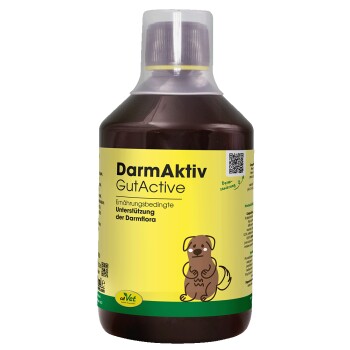 Flasche von cdVet DarmAktiv GutActive, ein natürliches Haustierpräparat für die Darmgesundheit, mit einem gelb-grünen Etikett und dem Text '100% NATUR'.