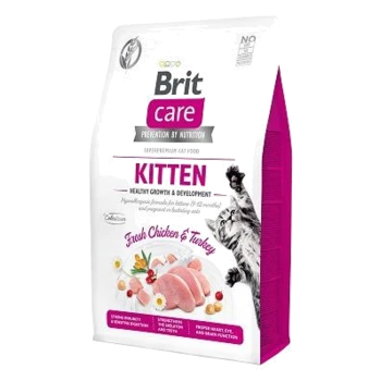 Torba z karmą dla kotów Brit Care Kitten z świeżym kurczakiem i indykiem, promująca zdrowy wzrost i rozwój dla kociąt.