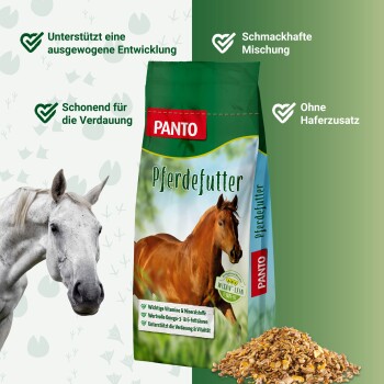 PANTO Pferdefuttertasche mit einem braunen und weißen Pferd. Highlights: "Vitamine & Mineralien", "Leckere Mischung", "Unterstützt die Verdauung & Vitalität."