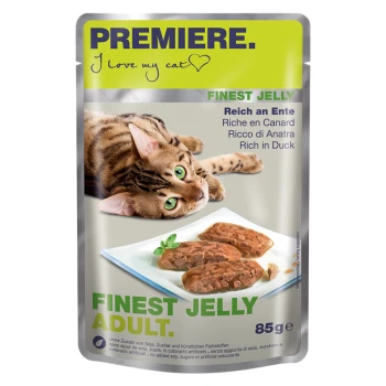 Finest Jelly Adult Ente 22x85 g Katzenfutterbeutel mit einer verspielten getigerten Katze, mit dem Text 'PREMIERE. Ich liebe meine Katze' und 'FINEST JELLY ADULT. Reich an Ente.'
