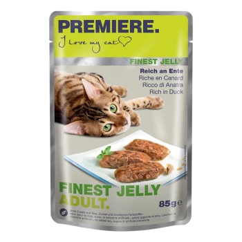 Katzenfutterbeutel mit einer verspielten getigerten Katze, mit dem Text 'PREMIERE. Ich liebe meine Katze' und 'FINEST JELLY ADULT. Reich an Ente.'