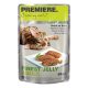 Katzenfutterbeutel mit einer verspielten getigerten Katze, mit dem Text 'PREMIERE. Ich liebe meine Katze' und 'FINEST JELLY ADULT. Reich an Ente.'